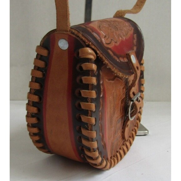 Western Crossbody Mini Brown Tooled Leather Purse Shoulder Bag - Picture 2 of 6